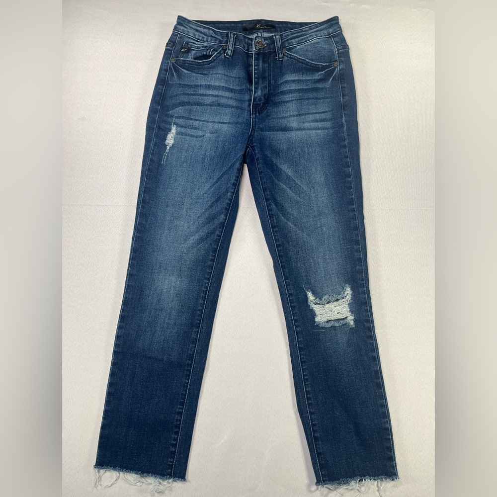 KanCan KC5019D High Rise Distressed Straight Denim Raw Hem Jeans